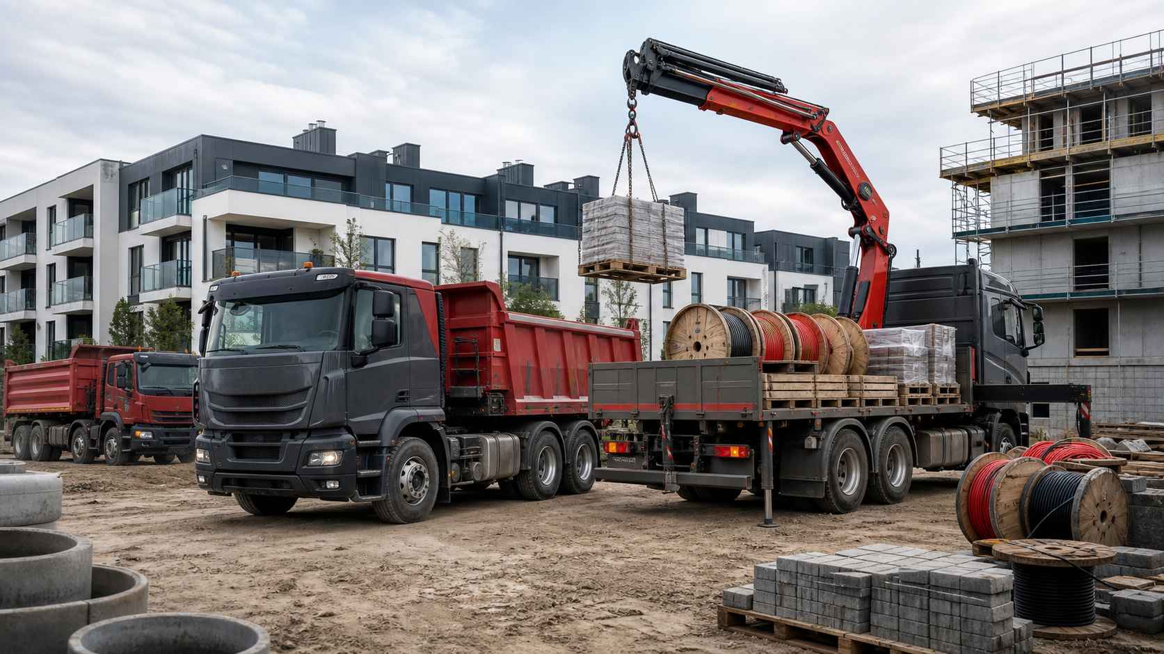 Transport budowlany i samochód z HDS